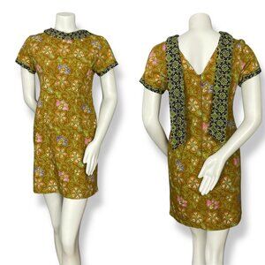 Batik Keris Dress Sheath Floral Unique Collar Cotton Women Size Medium Indonesia